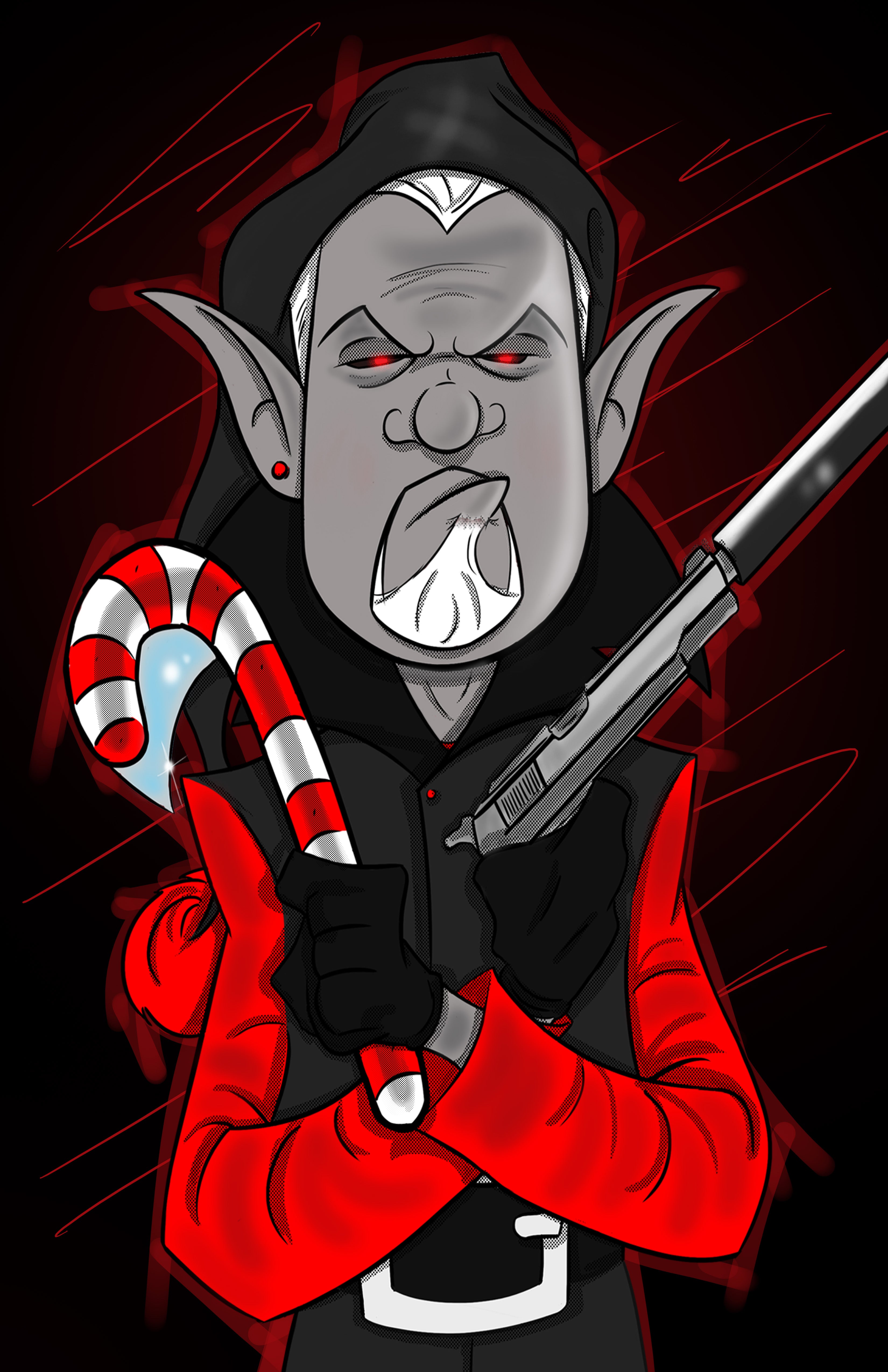 Image of Hit-Elf posing with his gun and his candy cane weapon