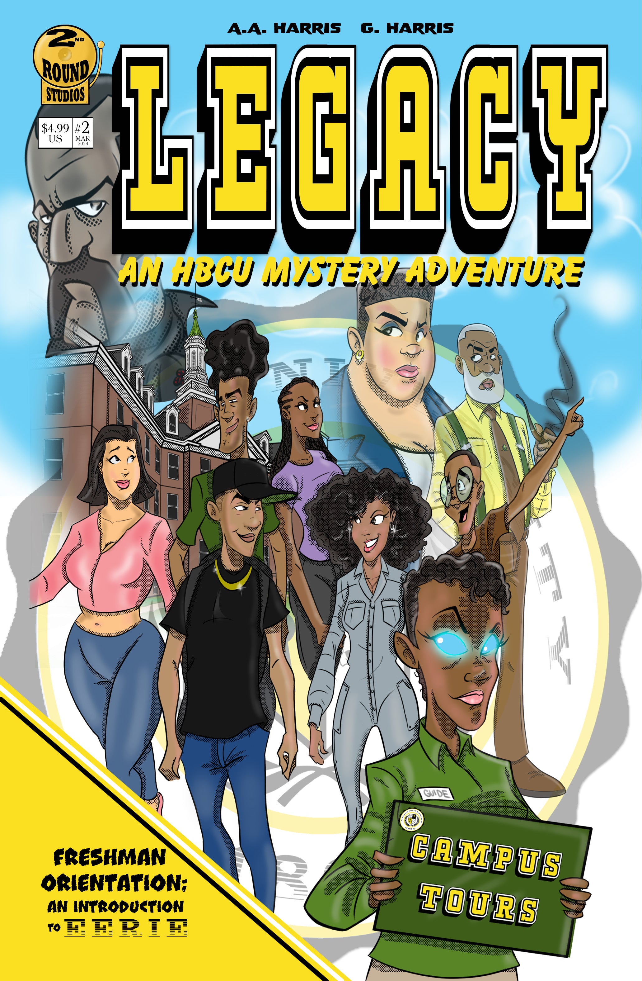 Legacy comic book cover featuring six HBCU students on the campus of Eerie University