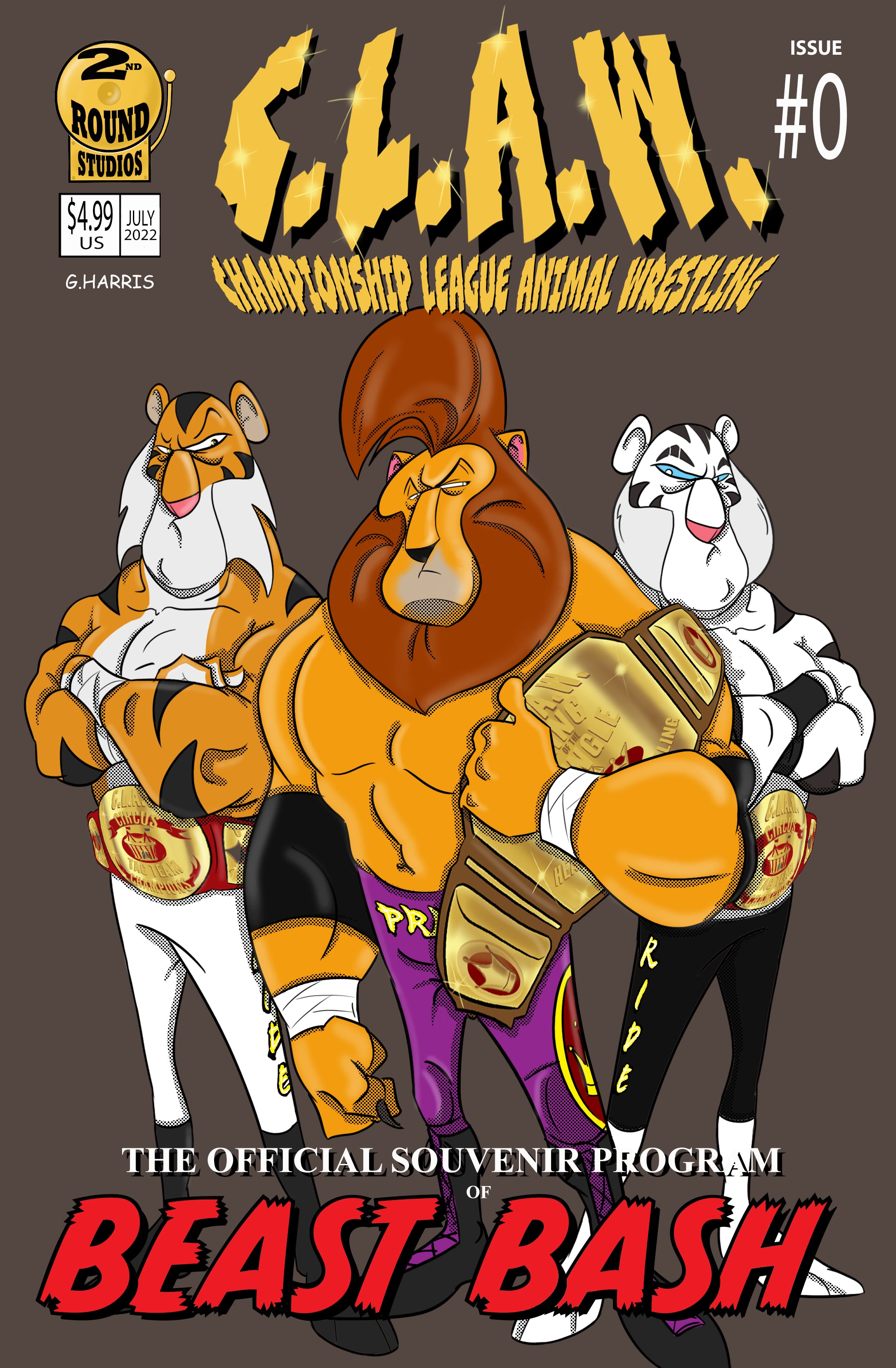 Comic book cover for C.L.A.W.: Cham pionship League Animal Wrestling featuring images of a lion and two tigers