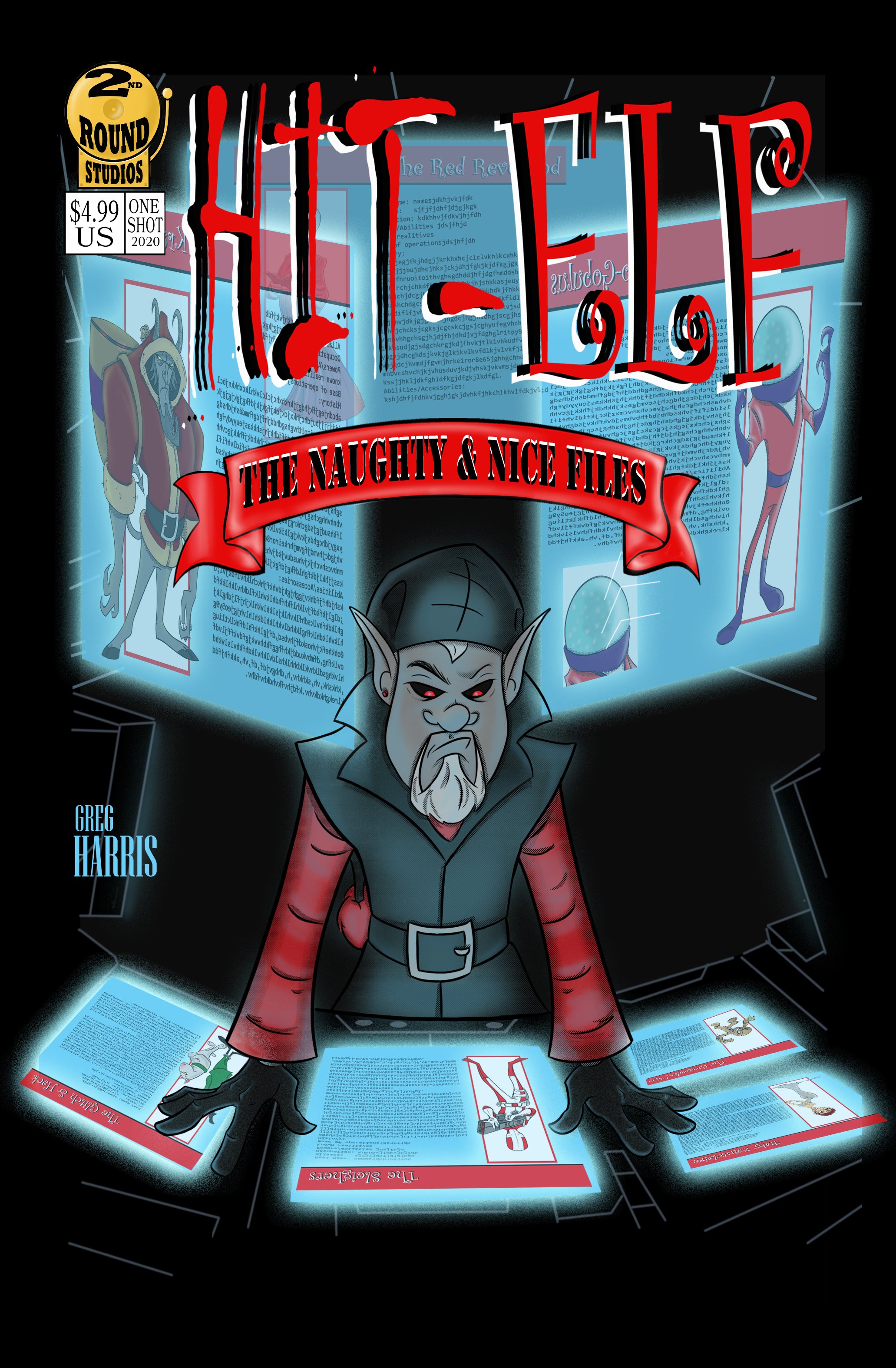Comic book cover image of Hit-Elf looking at several computer screens