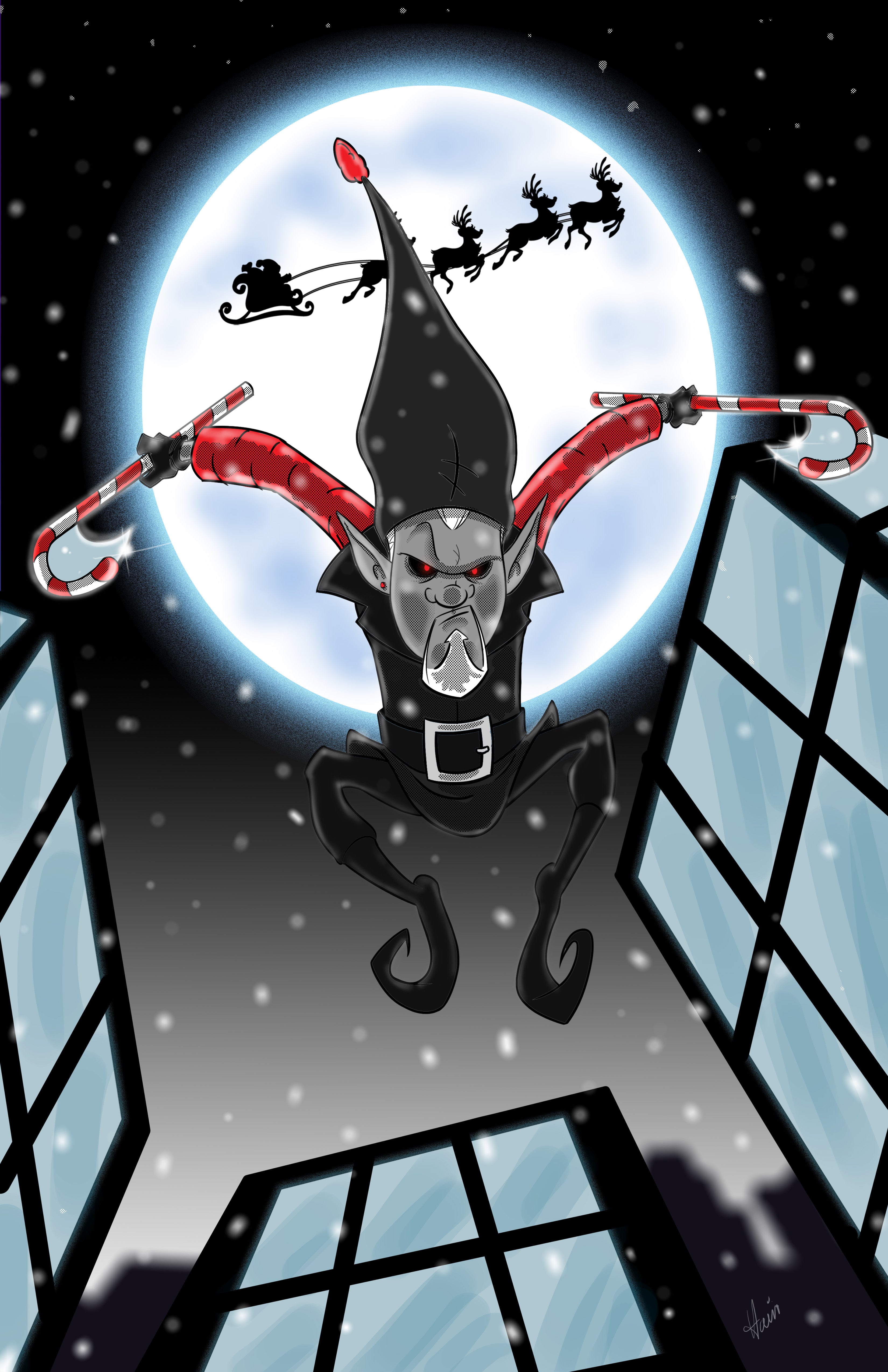 Poster of Hit-Elf assassin flying in the against a black sky on Christmas Eve