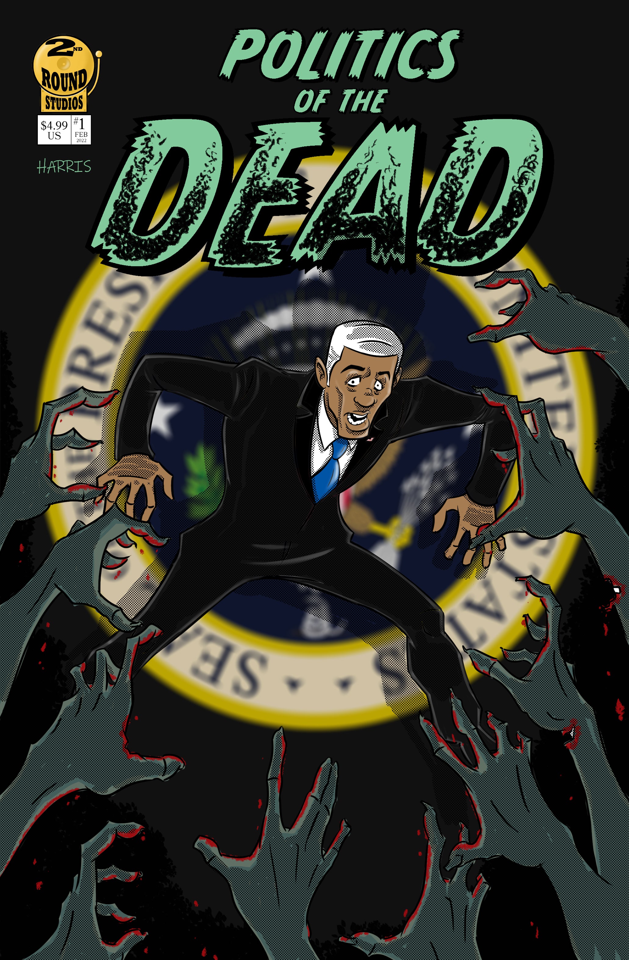 Politics of the Dead comic book cover featuring a black United States president facing a group of zombies