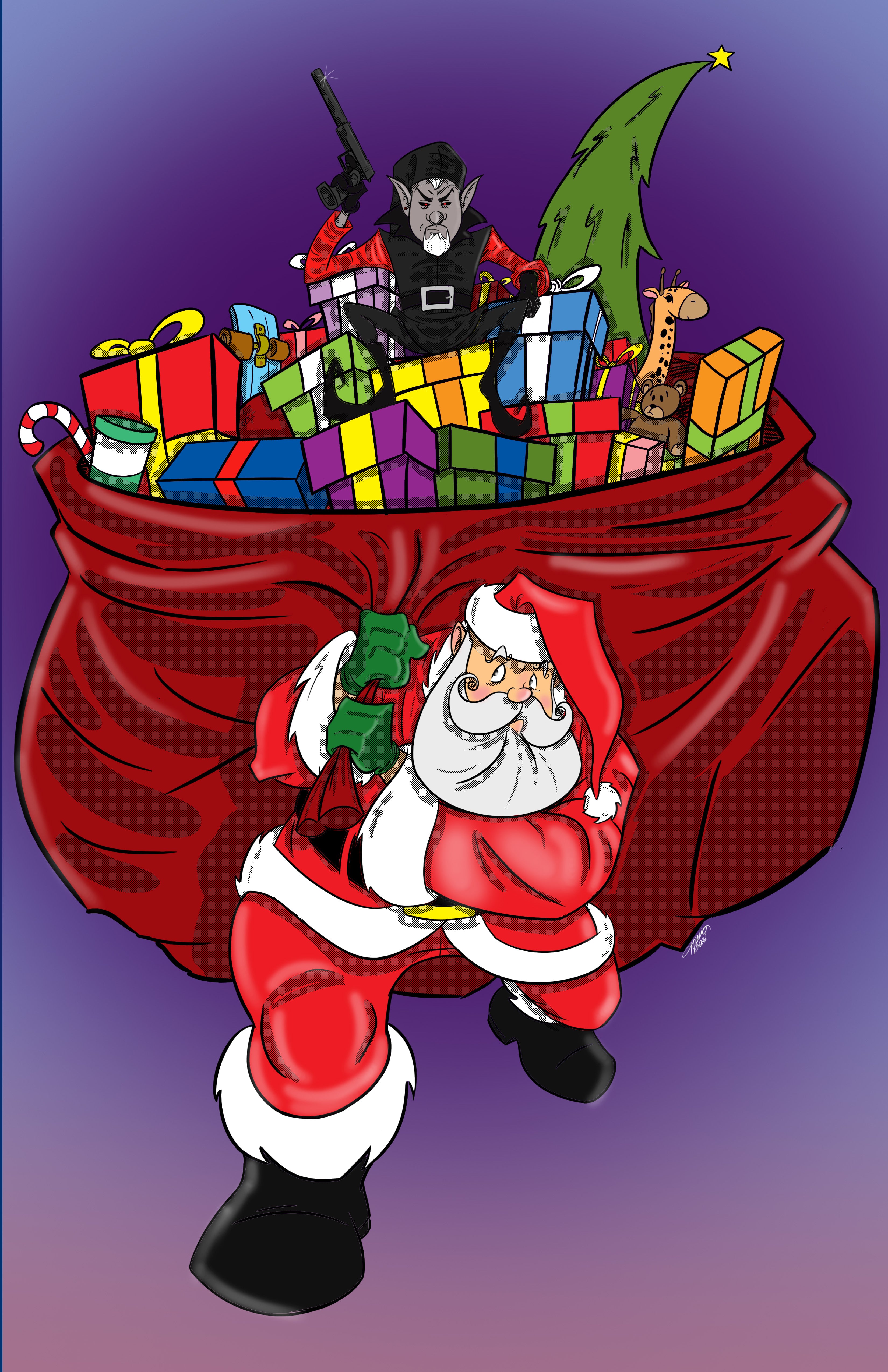 Image of Hit-Elf sitting atop Santa Claus' big sack of presents