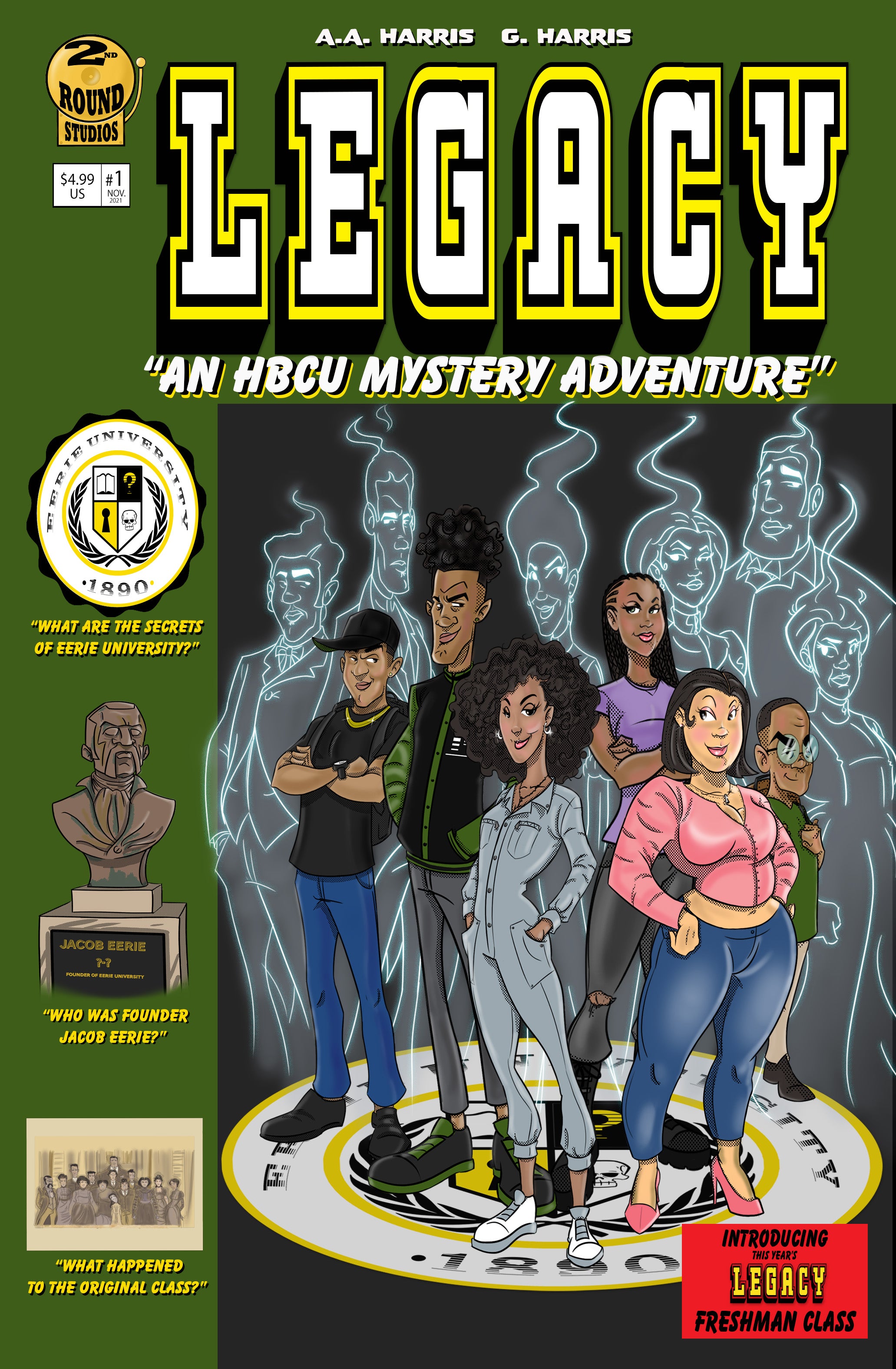Legacy comic book cover featuring six HBCU students surrounded by ghosts