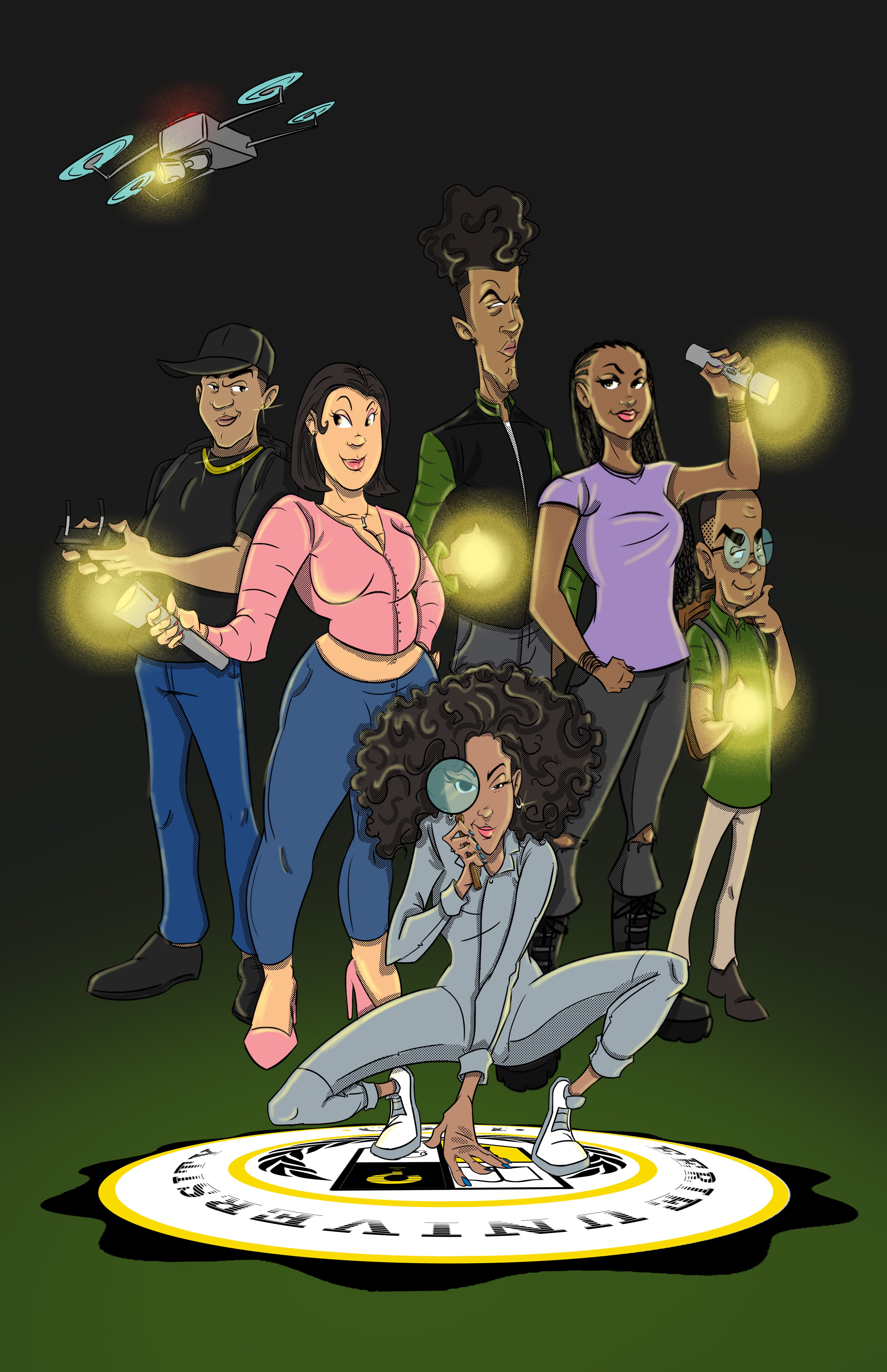 Legacy comic book poster featuring six HBCU students with flashlights at night