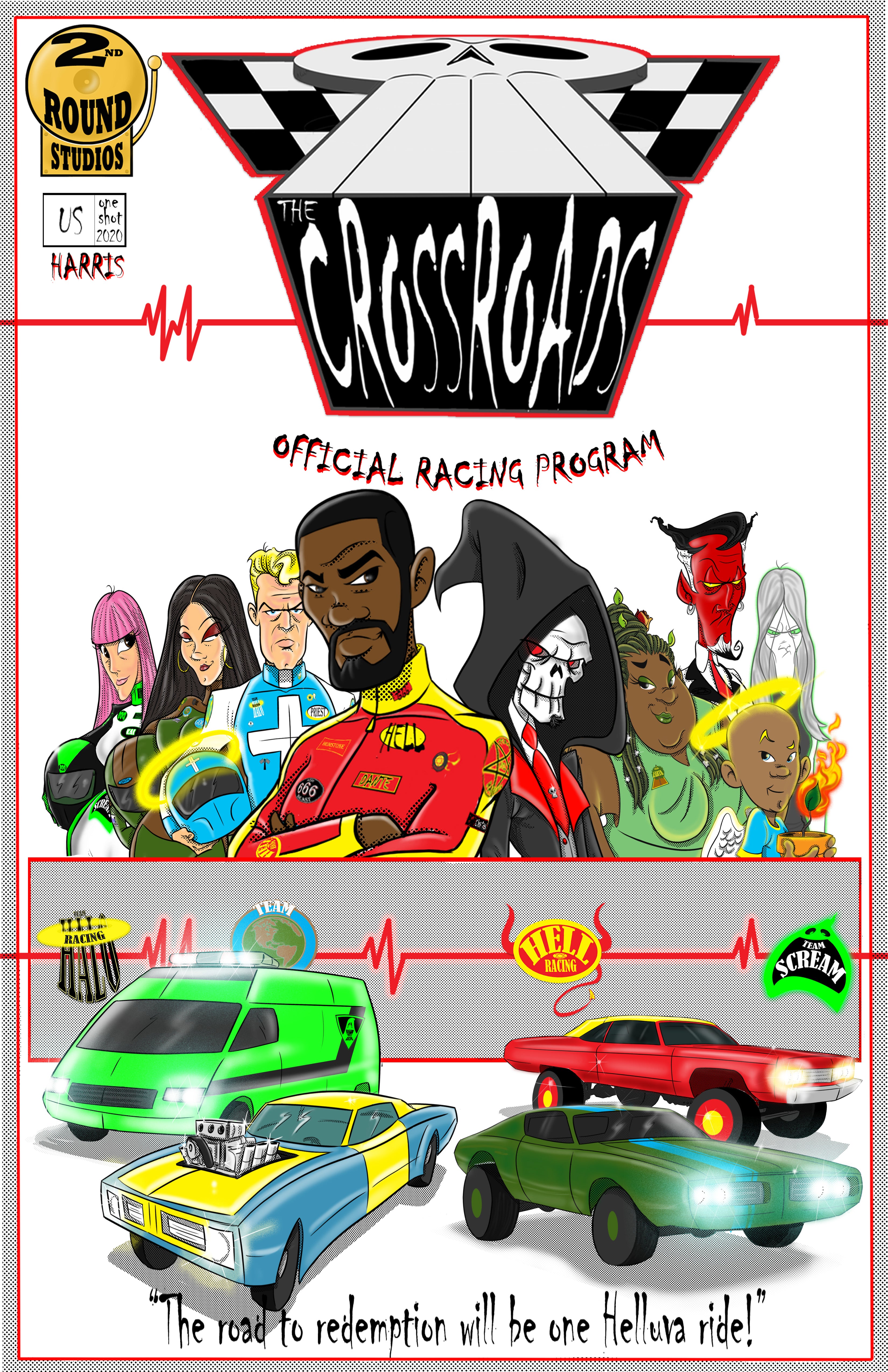 Image of comic book cover with racers and race cars